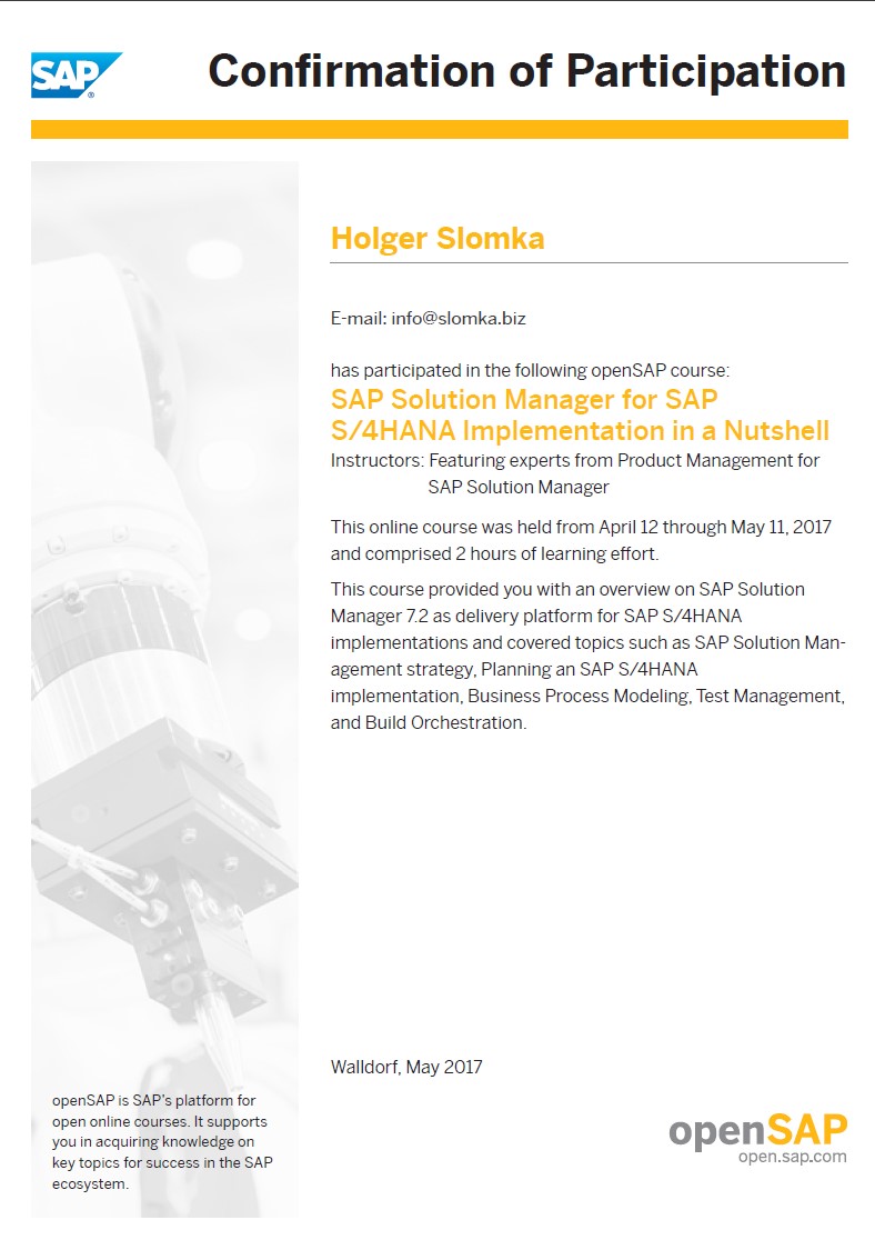 SAP Solution Manager for SAP S/4HANA Implementation in a Nutshell -
													preview of Teilnahmebestätigung