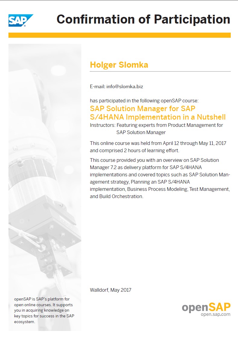 SAP Solution Manager for SAP S/4HANA Implementation in a Nutshell -
														preview of Teilnahmebestätigung